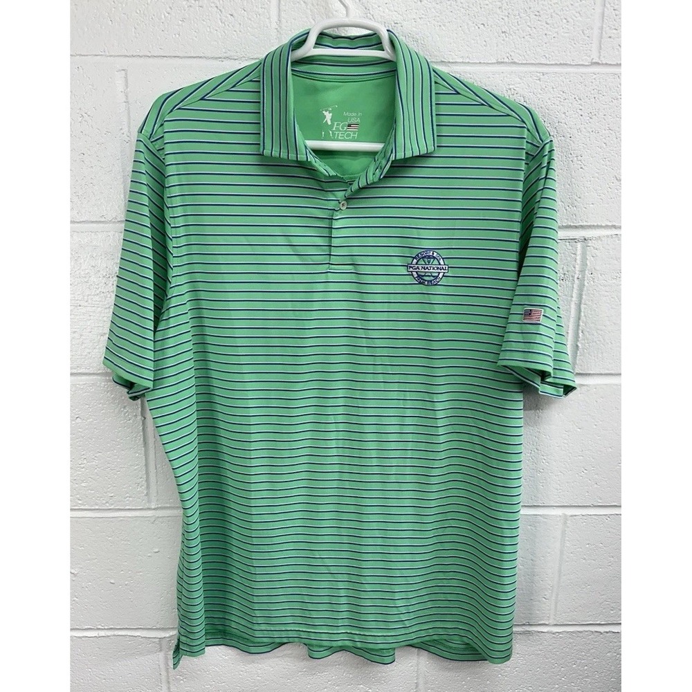 FG Tech Athletic Golf Polo Shirt Green Blue Striped Knit Short Sleeve / Men's